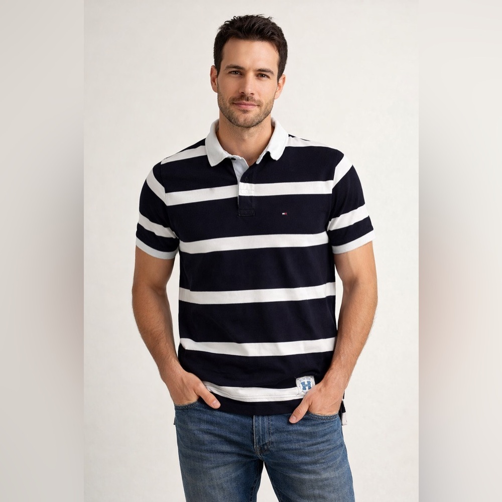 💙 Tommy Hilfiger Navy and White Striped Polo Shirt